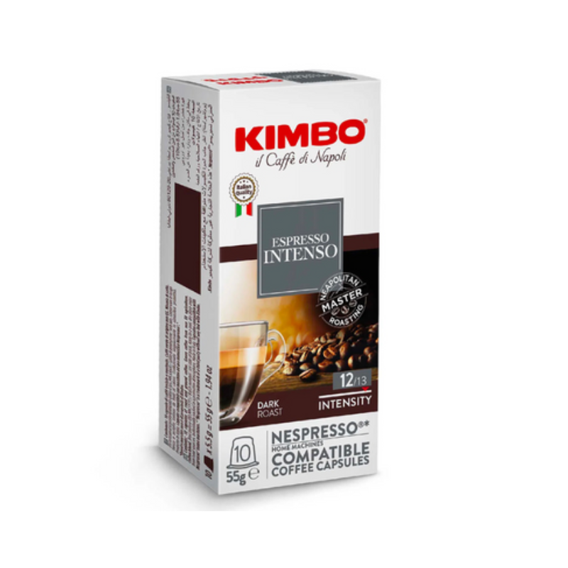 Cápsulas Kimbo Intenso, tueste oscuro, intensidad 12, espresso fuerte, compatibles con Nespresso