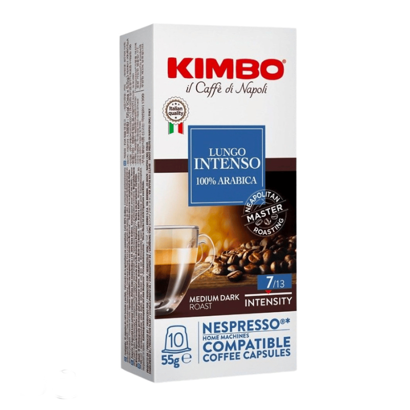 Cápsulas de café Kimbo Lungo Intenso 100% Arábica, compatibles con Nespresso, caja de 10 unidades