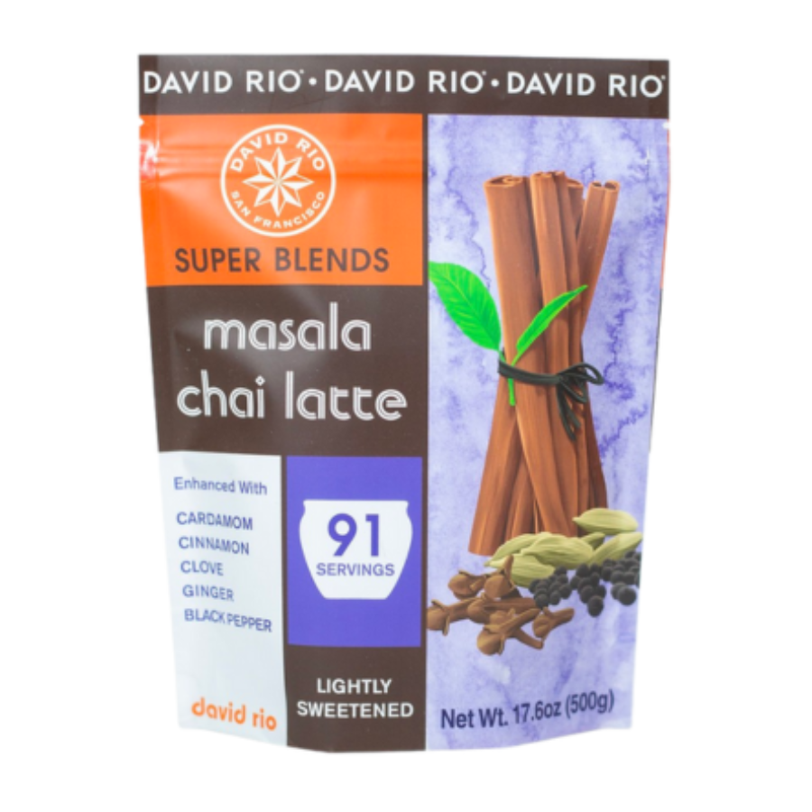 David Rio Super Blends Masala Chai Latte en bolsa de 500 g – Chai gourmet en polvo con té negro y especias ayurvédicas