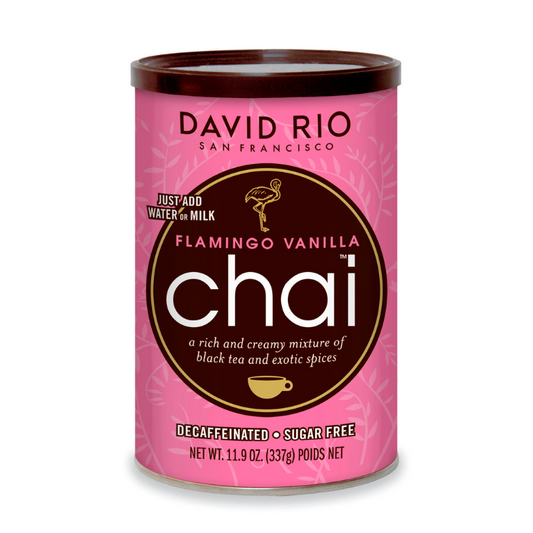David Rio Flamingo Vanilla Chai en lata de 398 g – Chai gourmet en polvo sin azúcar y sin cafeína

