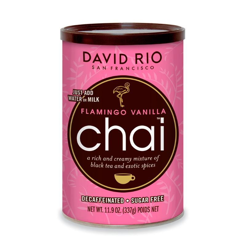 David Rio Flamingo Vanilla Chai en lata de 398 g – Chai gourmet en polvo sin azúcar y sin cafeína

