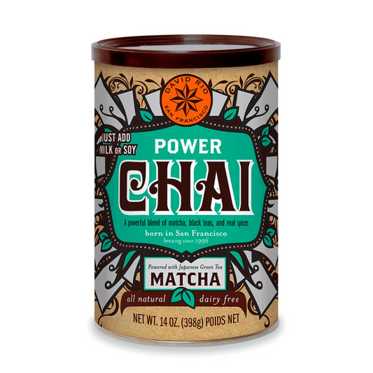 David Rio Power Chai Matcha en lata de 398 g – Chai gourmet en polvo con té negro, matcha y especias.Vegano


