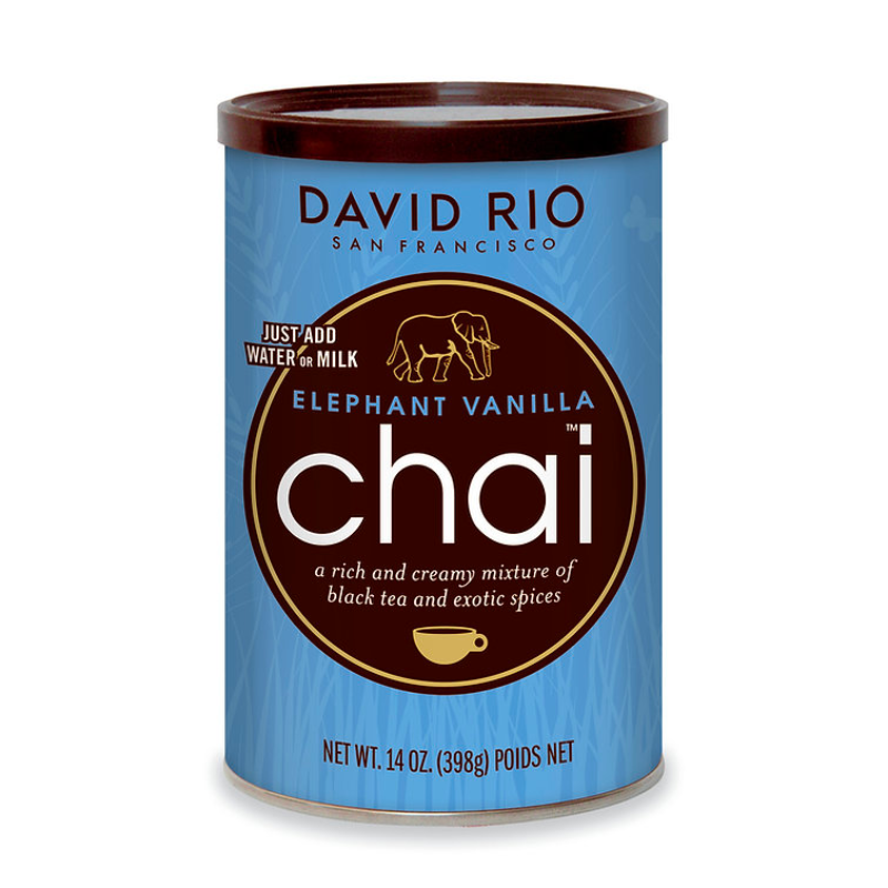 David Rio Elephant Vanilla Chai. Mezcla cremosa de té negro, vainilla y especias. Chai gourmet en polvo. Lata de 398 g.

