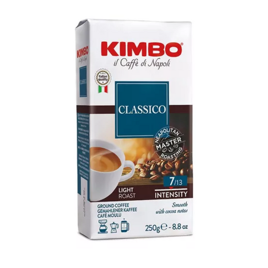 Imagen del café molido Kimbo Classico 250 g, mezcla 70% Arábica y 30% Robusta, tueste medio napolitano.
