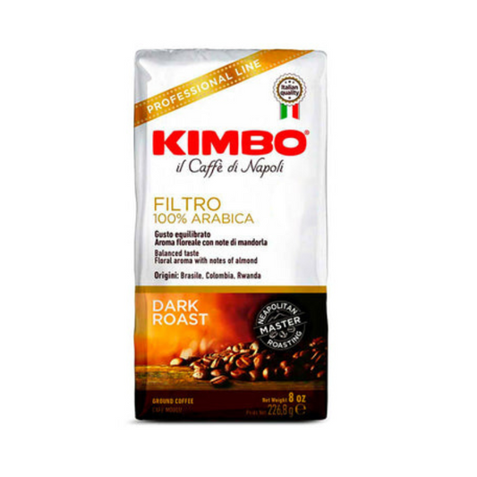 Imagen del café molido Kimbo Filtro 100% Arábica 226,8 g, tueste oscuro napolitano.
