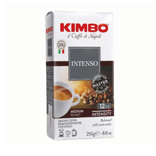 Imagen del café molido Kimbo Intenso 250 g, mezcla 40% Arábica y 60% Robusta, tueste oscuro napolitano.


