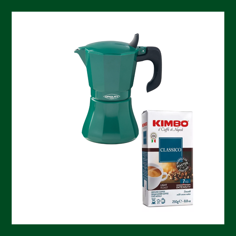 Regalo: Cafetera italiana Oreley más Cafe molido Kimbo Classico 250 gr.