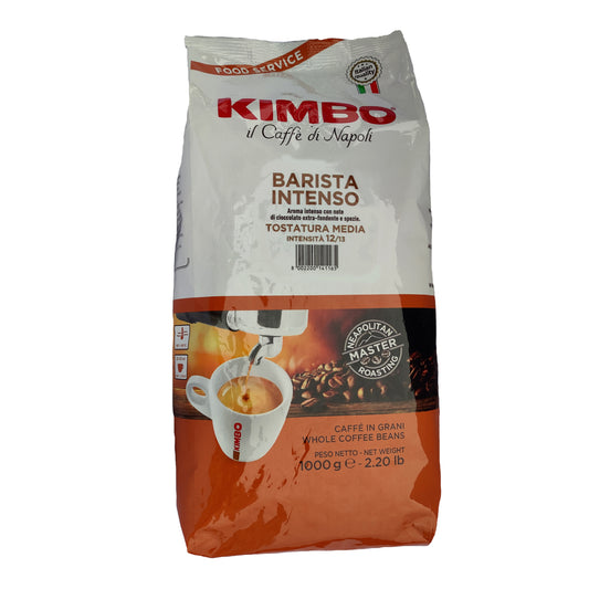 Imagen del café en grano Kimbo Barista Intenso 1 kg, mezcla 40% Arábica y 60% Robusta, tueste medio napolitano.
