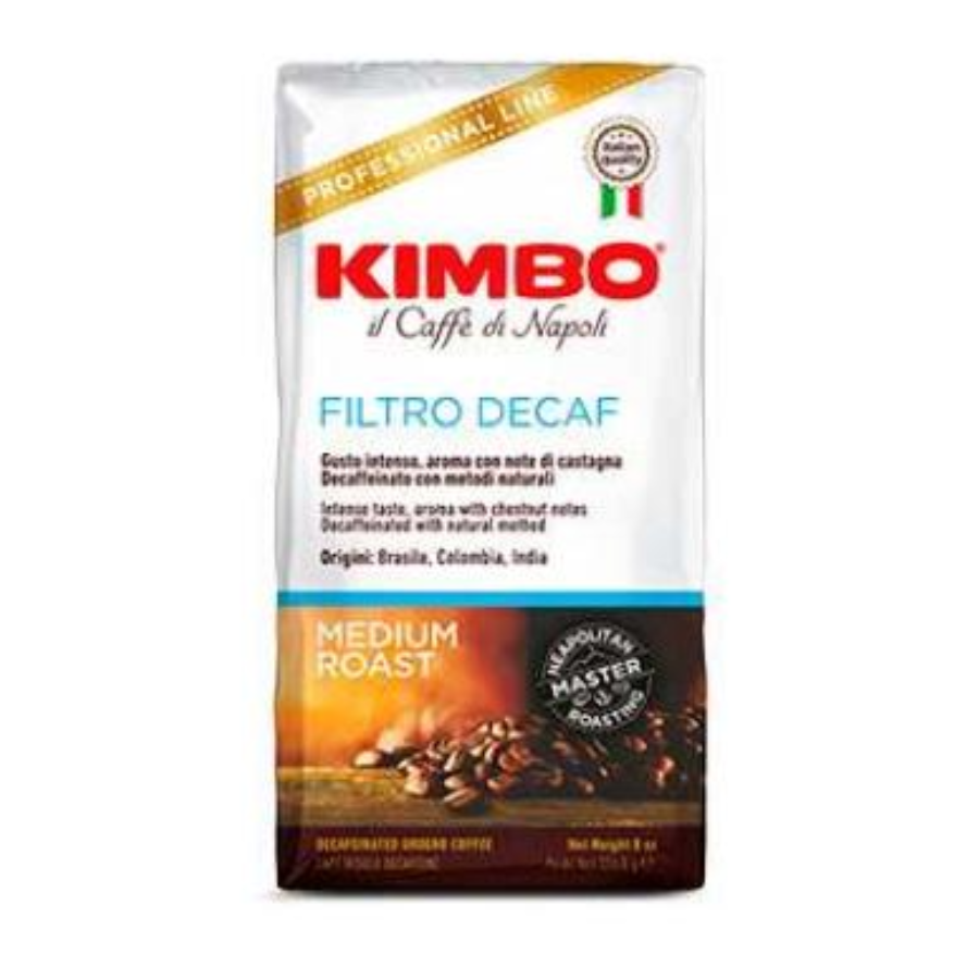 Imagen del café molido Kimbo Descafeinado 250 g, mezcla 85% Arábica y 15% Robusta, tueste medio napolitano sin cafeína.
