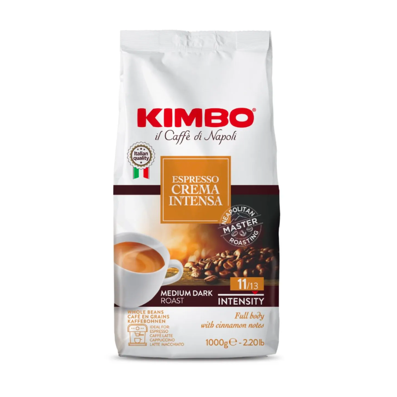 Imagen del café en grano Kimbo Crema Intensa 1 kg, mezcla 40% Arábica y 60% Robusta, tueste medio oscuro napolitano.

