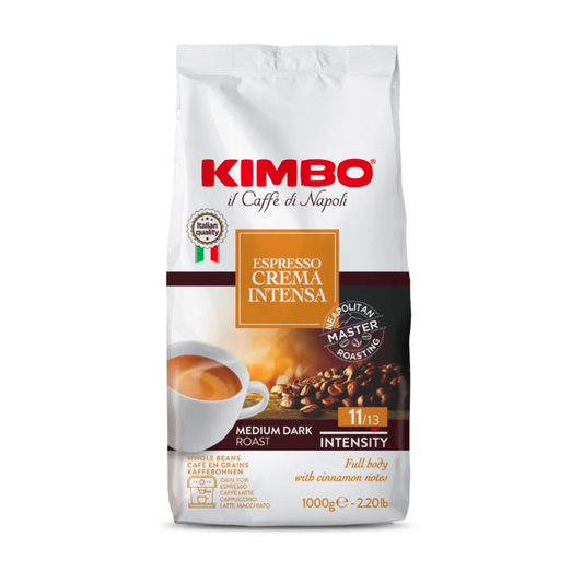 Imagen del café en grano Kimbo Crema Intensa 1 kg, mezcla 40% Arábica y 60% Robusta, tueste medio oscuro napolitano.
