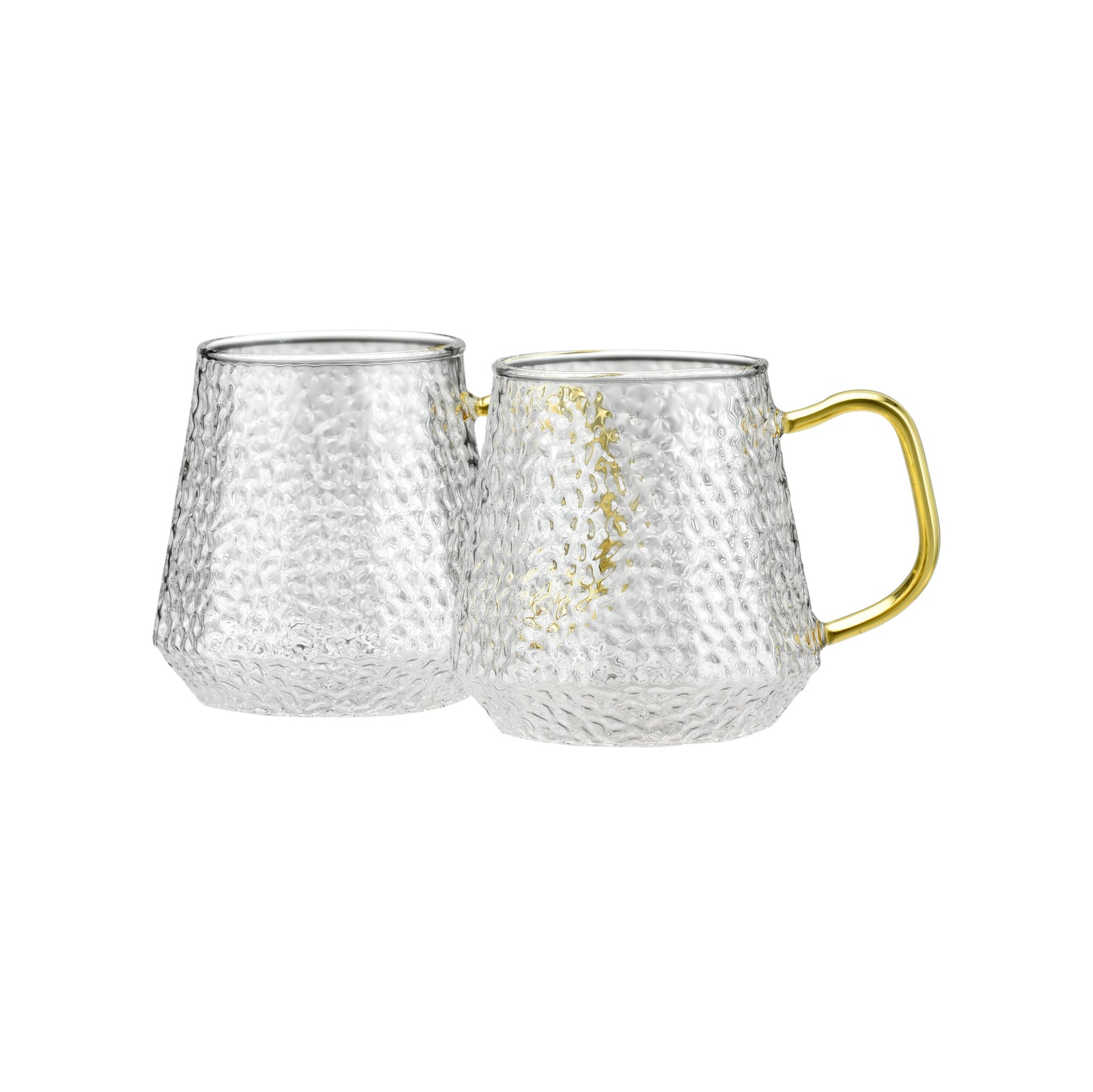 Set de Tazas Catania de 350 ml – diseño elegante en vidrio con textura martillada y asa dorada, aptas para bebidas calientes y frías

