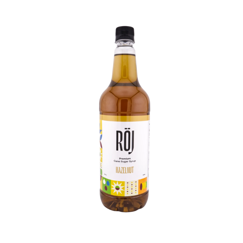 RÖJ Hazelnut Syrup 1 L – Sirope sabor avellana con azúcar de caña sin refinar, ideal para cafés, chocolates y postres.