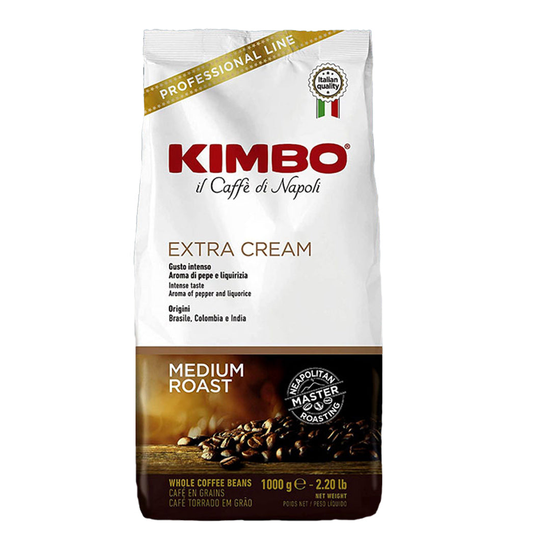 Imagen del café en grano Kimbo Extra Cream 1 kg, mezcla 40% Arábica y 60% Robusta, tueste medio napolitano.
