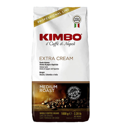 Imagen del café en grano Kimbo Extra Cream 1 kg, mezcla 40% Arábica y 60% Robusta, tueste medio napolitano.
