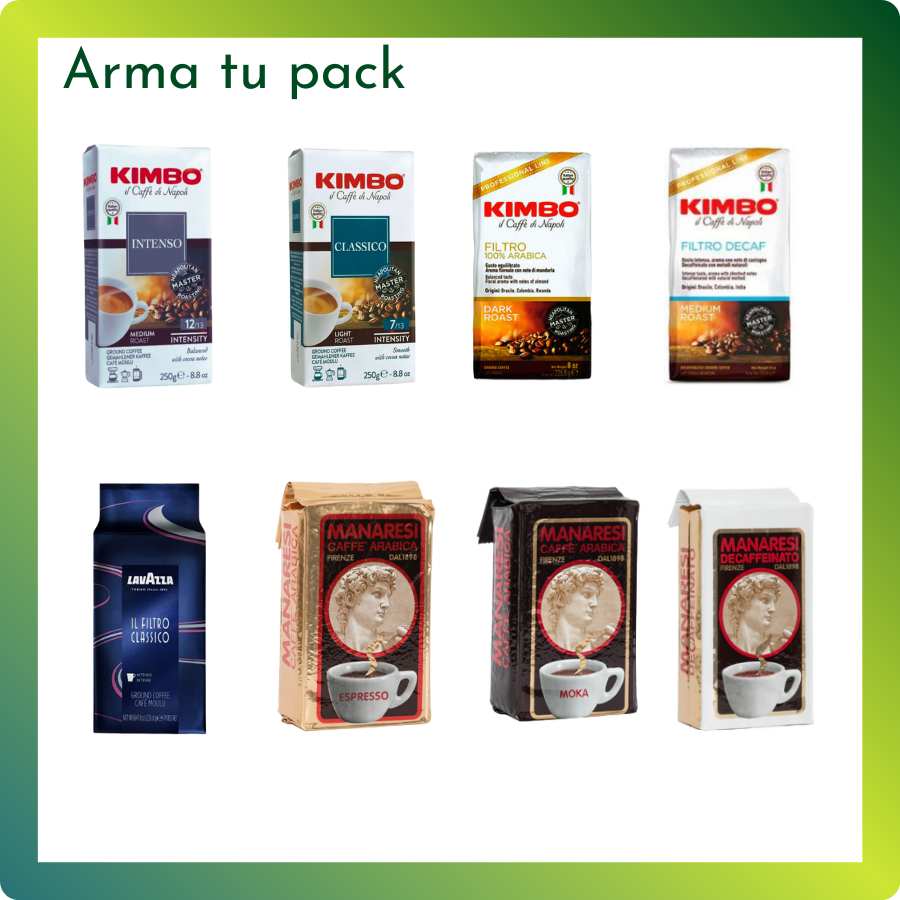 Pack de 1 kilo de café molido italiano al vacío (Kimbo, Lavazza y Manaresi), personalizable según preferencia.

