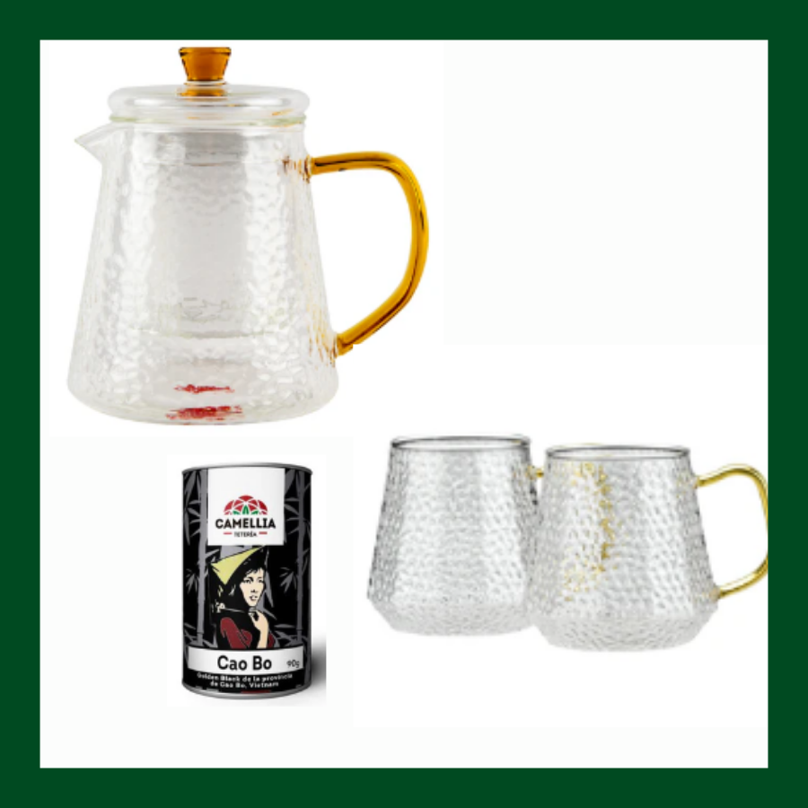 Regalo: Tetera Bari y vasos Catania Oreley más Té en hoja Camellia Caobo Vietnam 90 gr.