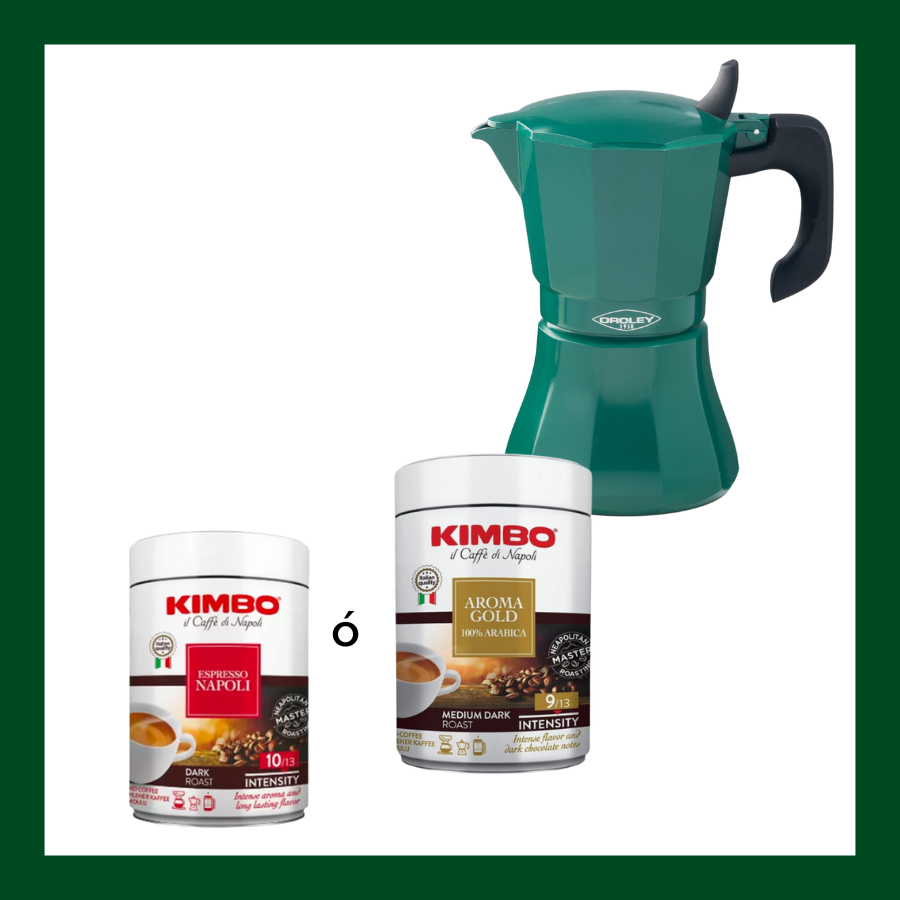 Pack regalo con cafetera italiana OROLEY (verde o mostaza) y café molido Kimbo (Napoli o Aroma Gold).

