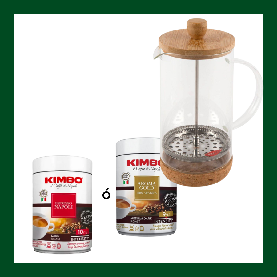 Pack regalo con prensa francesa de vidrio y café molido Kimbo (Napoli o Aroma Gold) para amantes del café filtrado.

