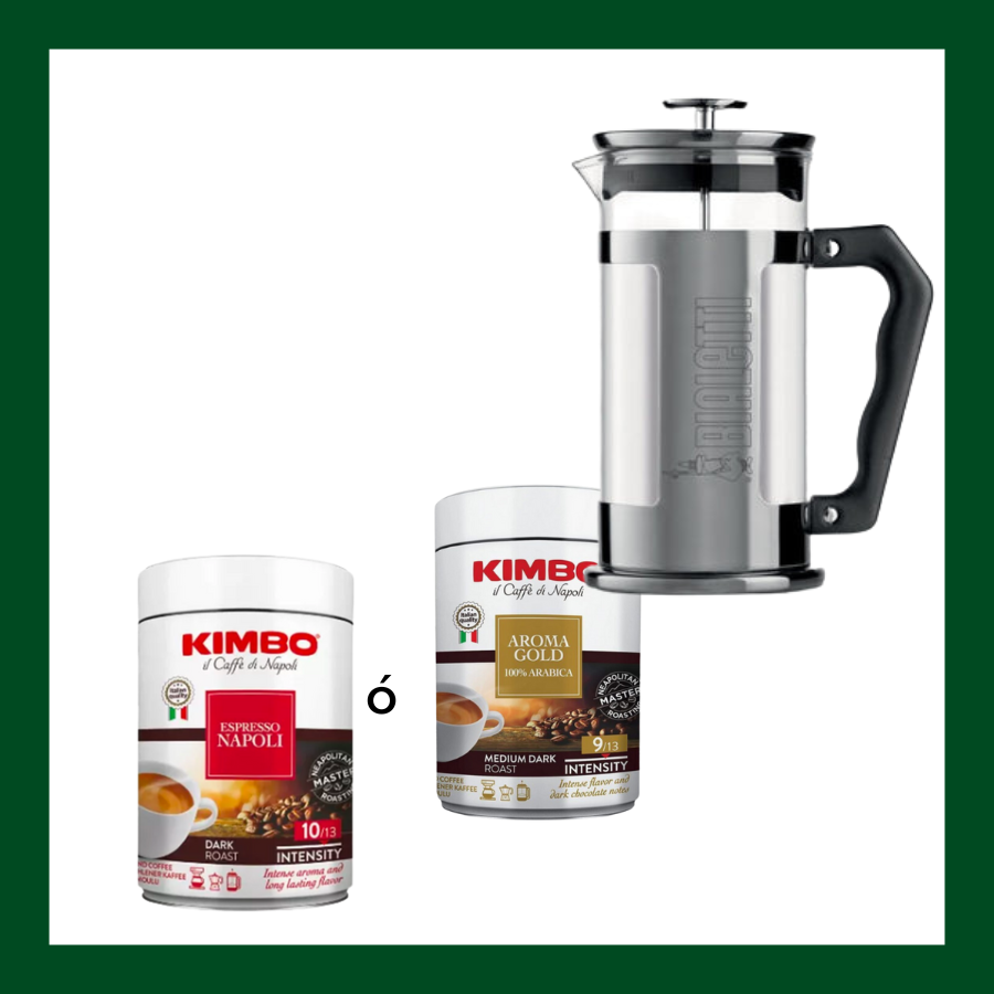 Pack regalo premium con prensa francesa Bialetti y café molido Kimbo (Napoli o Aroma Gold).

