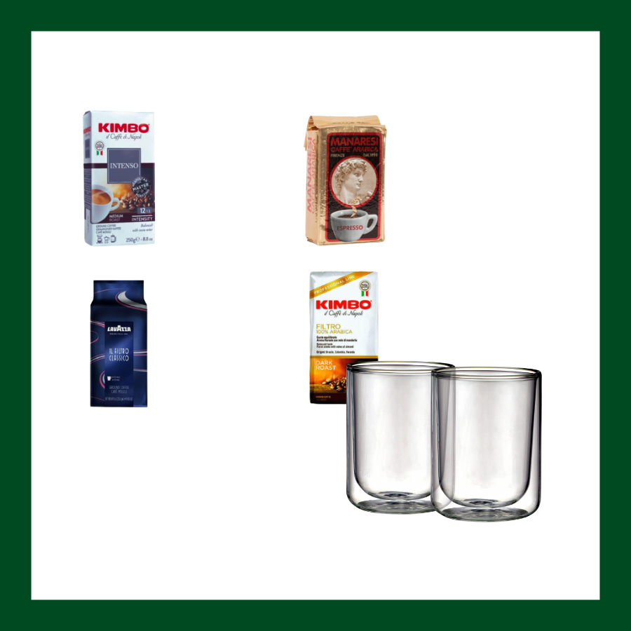 Pack regalo con 1 kilo de café molido italiano (Kimbo, Lavazza, Manaresi) y 2 vasos doble fondo Oreley Genova.

