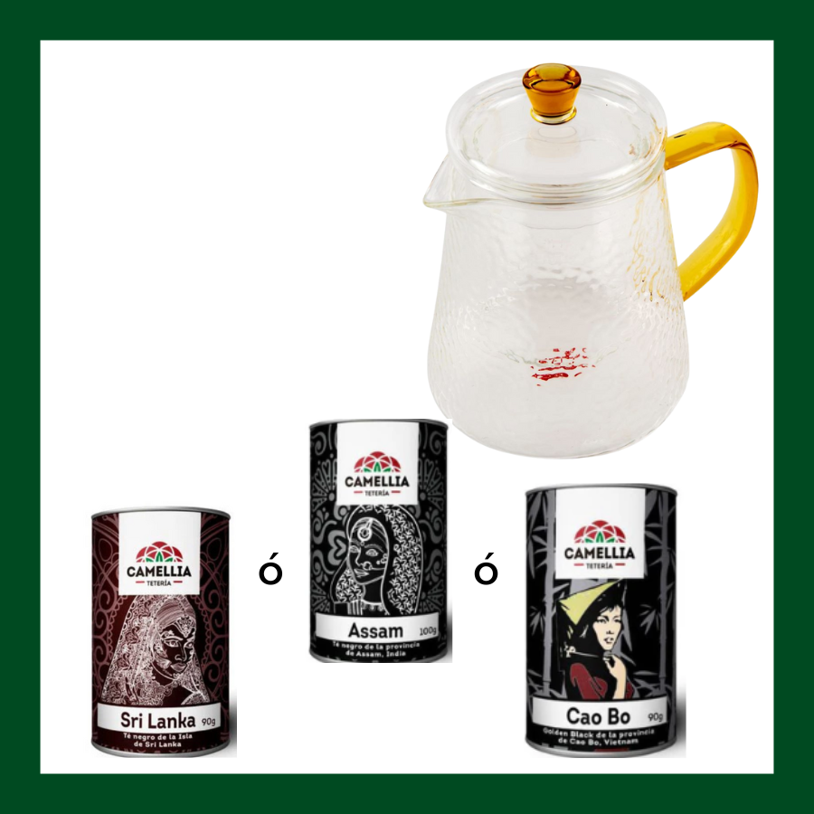 Pack regalo con tetera Bari Oreley de vidrio y té negro Camellia a elección: Sri Lanka, Assam o Cao Bo.

