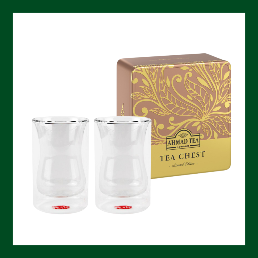 Pack regalo con Tea Chest Ahmad Tea (edición limitada) y vasos de vidrio doble fondo Oreley modelo Milán.

