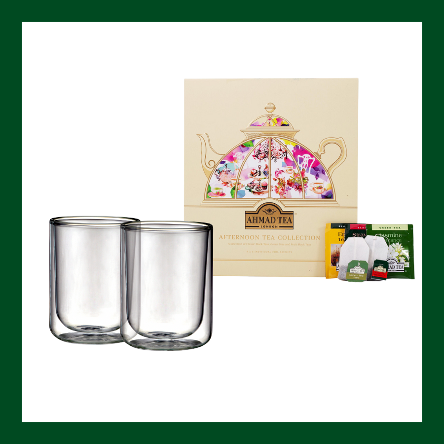 Pack regalo con Afternoon Tea Collection Ahmad (40 bolsitas) y vasos de vidrio doble fondo Oreley Génova.

