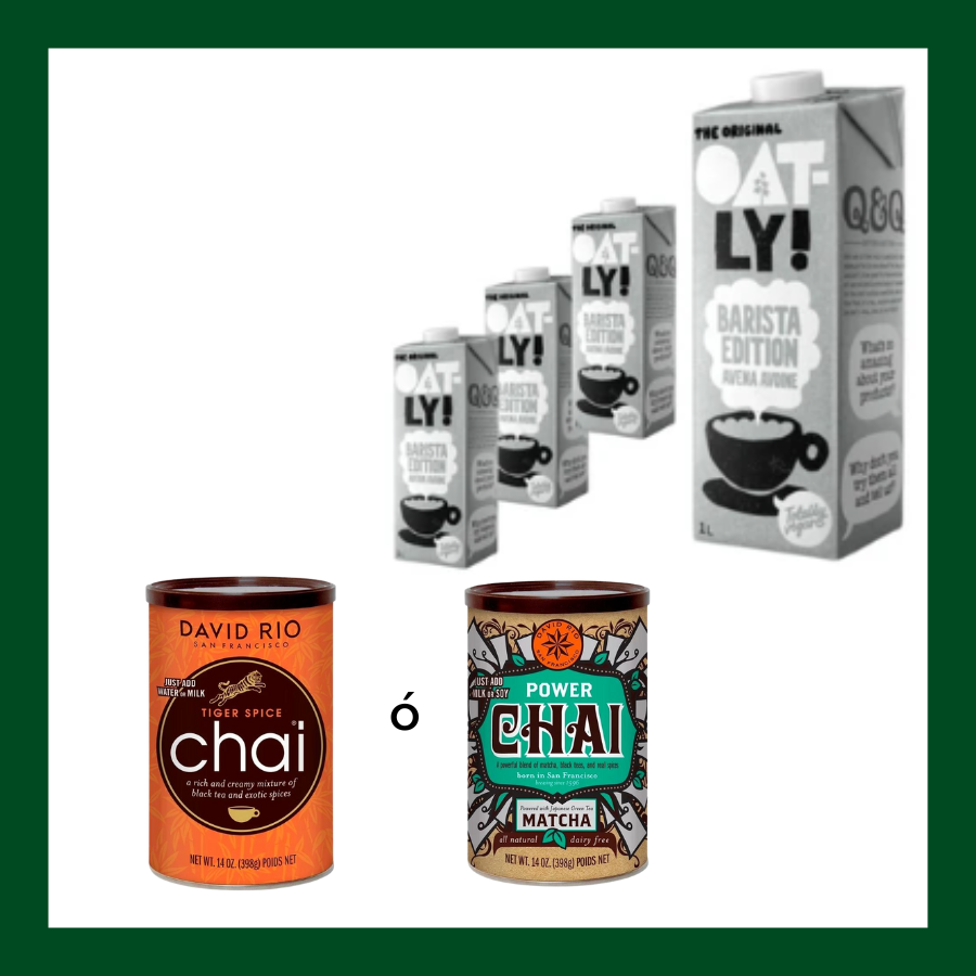 Pack regalo con Chai David Rio (Tiger Spice o Matcha) y 6 leches de avena Oatly Barista Edition.

