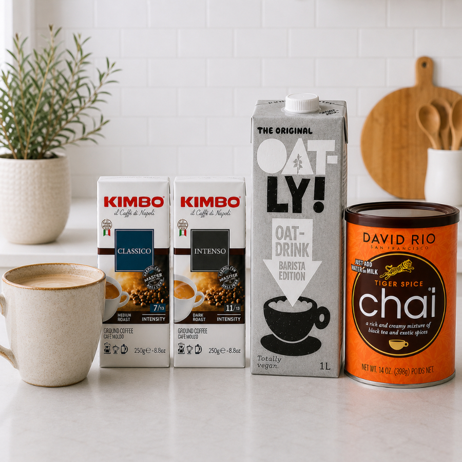 CAFETERIA EN CASA | Café Kimbo + Leche Oatly + Chai David Rio