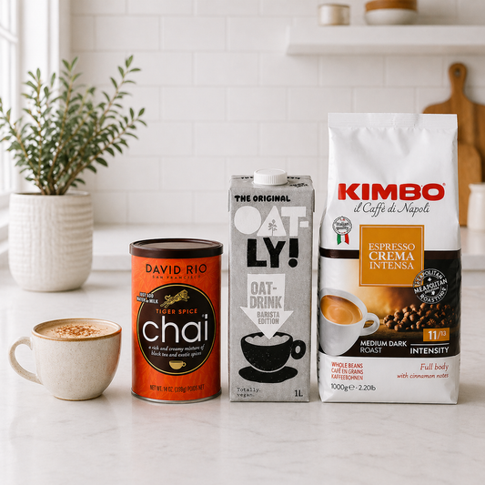CAFE INTENSIVO | Café Kimbo Crema Intensa 1 kg + Leche Oatly + Chai David Rio